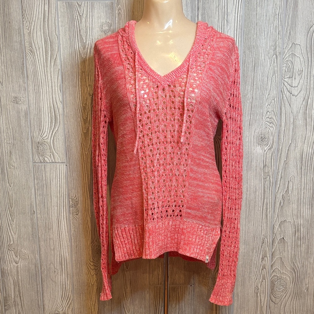 Roxy Hippie Love Open Stitch Coral Knit Hoodie Beach Sweater 100% Cotton Size S